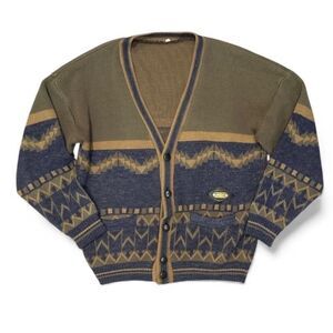 Vintage Bison Sweater Sz L Green Blue Button Cardigan Aztec Pattern Knit Retro
